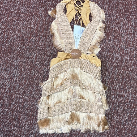 PatBO Dresses & Skirts - NWT PatBo Fringe plunging mini dress in Almond Womens 4